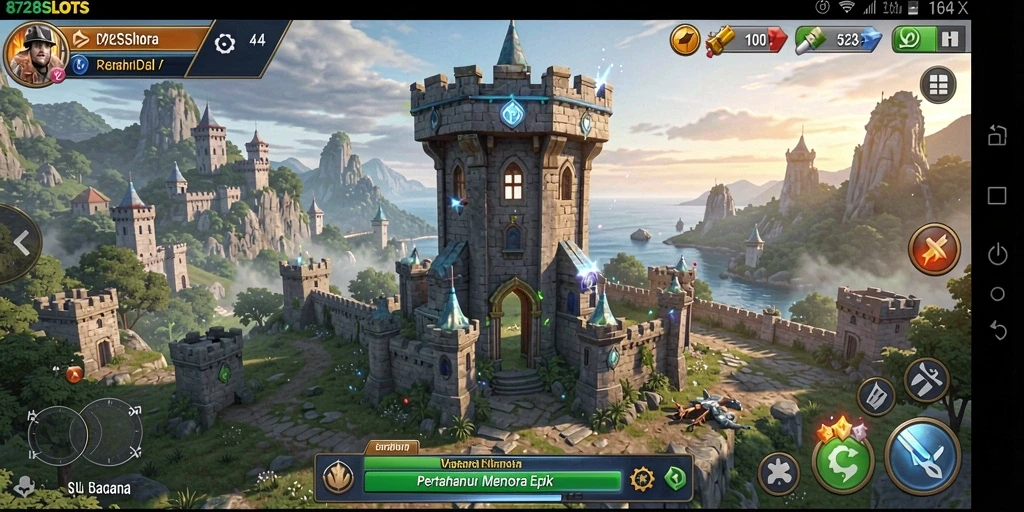 Tangkapan layar utama menampilkan aksi strategi Tower Defense yang intens.