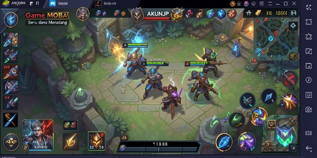 Screenshot gameplay AKUNJP menampilkan pertarungan seru dalam arena MOBA.