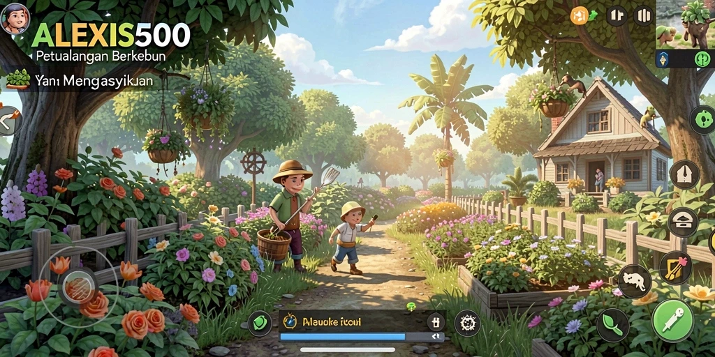 Tampilan seru gameplay ALEXIS500 dalam dunia pertanian.