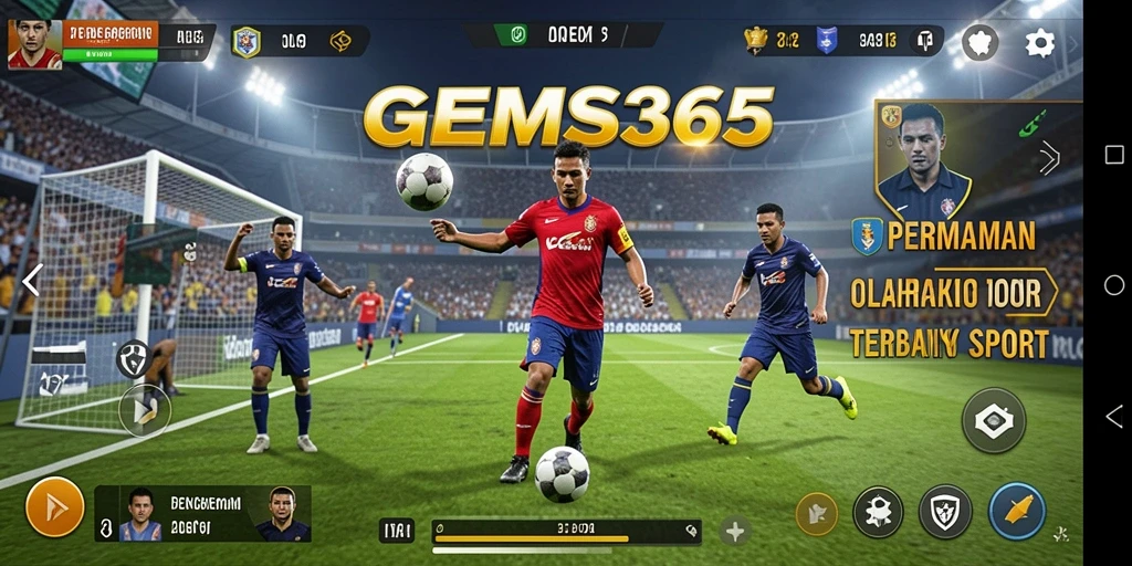 Tangkapan layar utama menunjukkan aksi permainan olahraga GEMS365 yang mendebarkan.