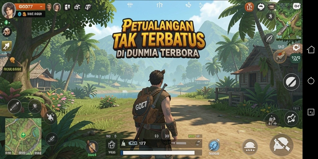 Tampilan gameplay menarik dari GOD77 dengan eksplorasi dunia terbuka.