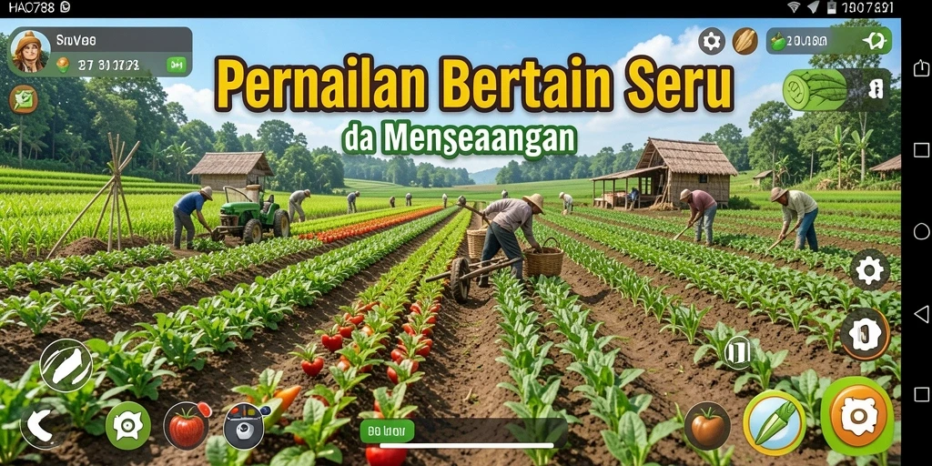 Tampilan gameplay HAO788 yang menunjukkan kebun dan aktivitas bertani.