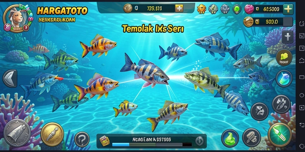 Screenshot gameplay HARGATOTO yang menampilkan aksi menembak ikan.