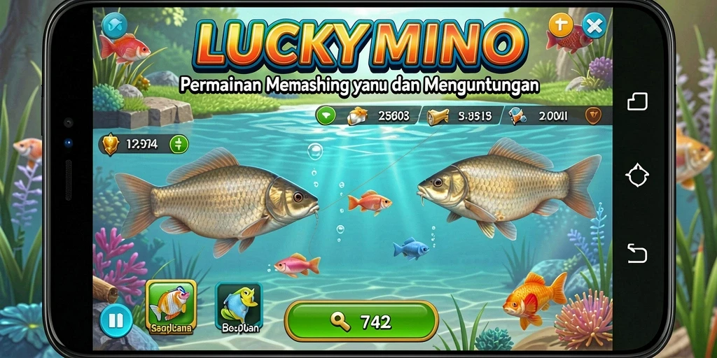Tampilan gameplay <strong>LUCKYMINO</strong> dengan berbagai jenis ikan dan alat pancing.