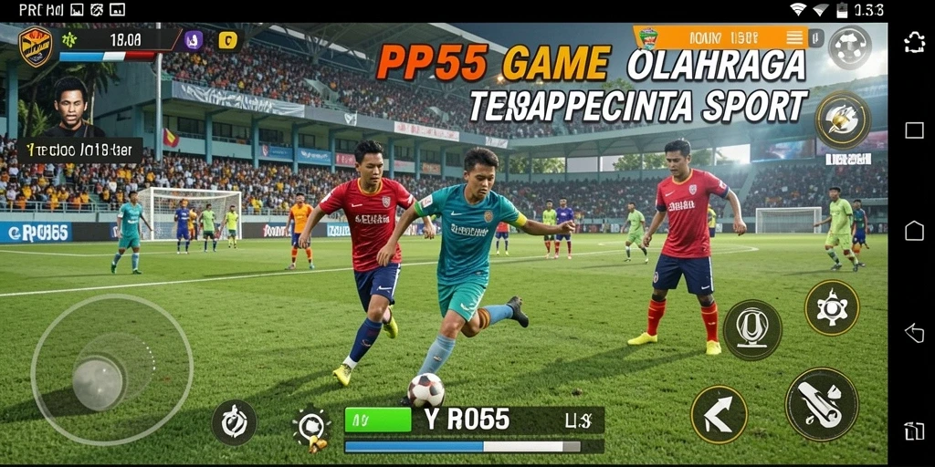 Tangkapan layar utama RP55 menampilkan aksi seru dalam permainan olahraga.