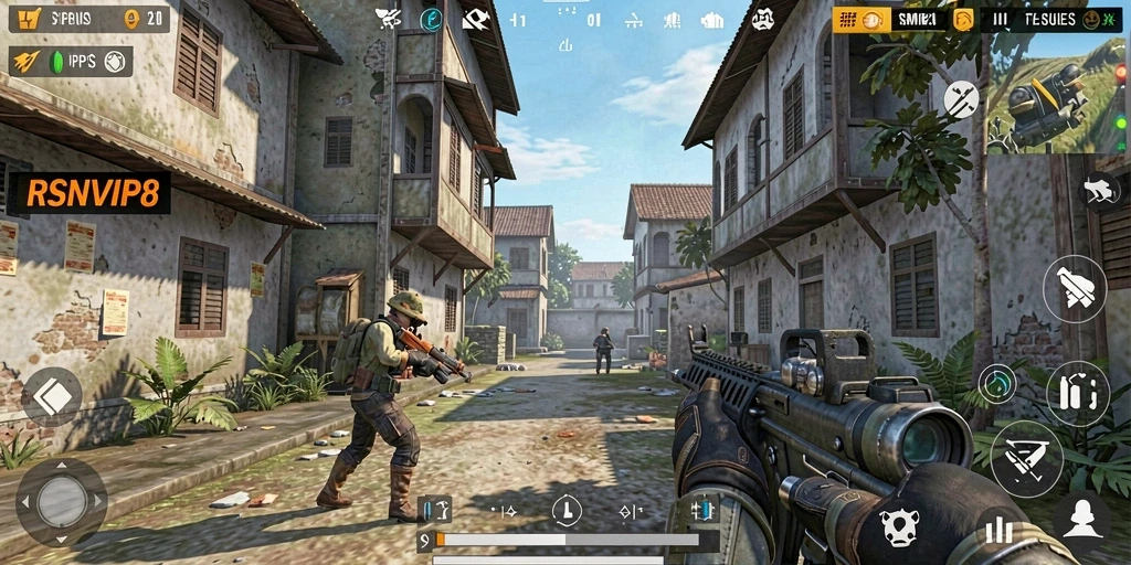 Screenshot utama RSNVIP8 menampilkan pertempuran intens dalam permainan TPS.