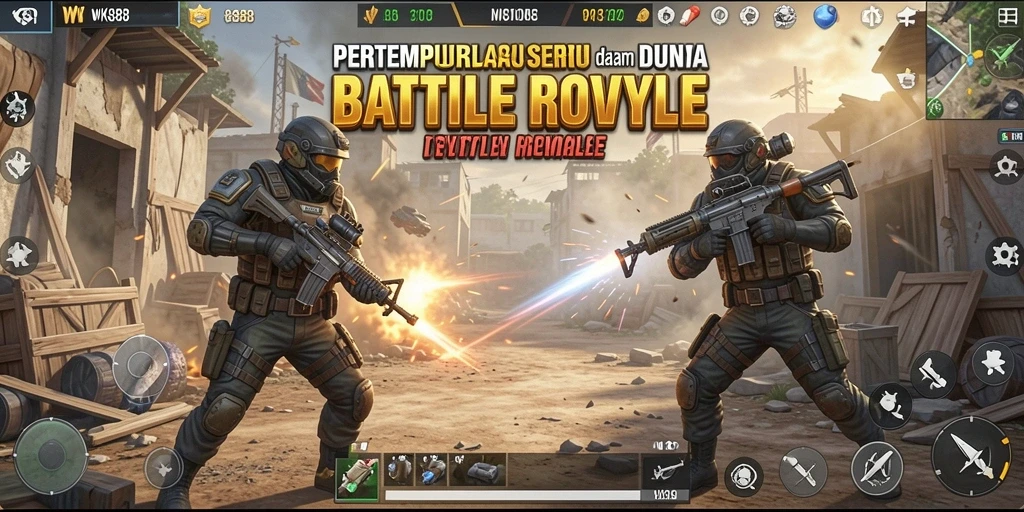 Tangkapan layar utama WK888 menunjukkan aksi pertempuran dalam mode Battle Royale.