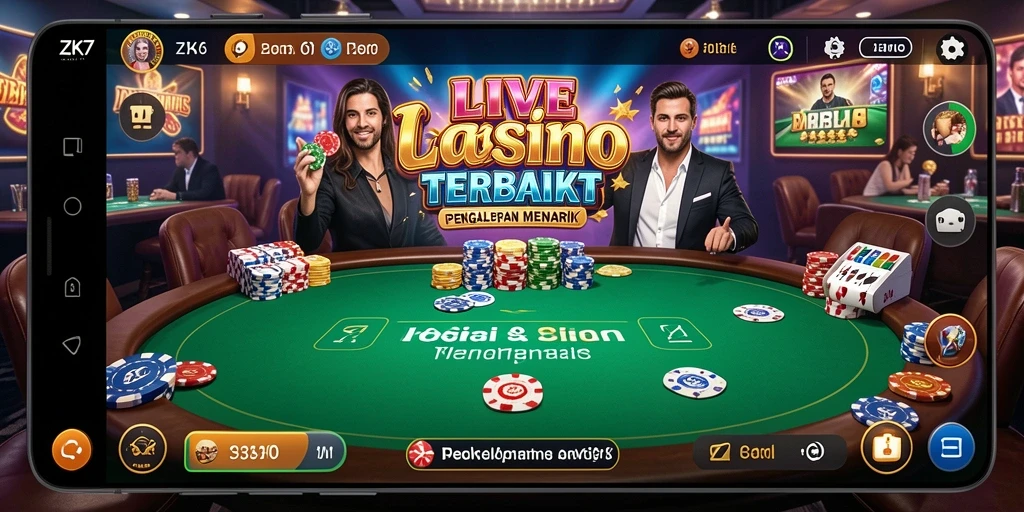 Screenshot gameplay ZK7 menunjukkan dealer langsung dan suasana kasino yang mendebarkan.